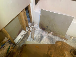Floor and wall cut-out for mold remediation.