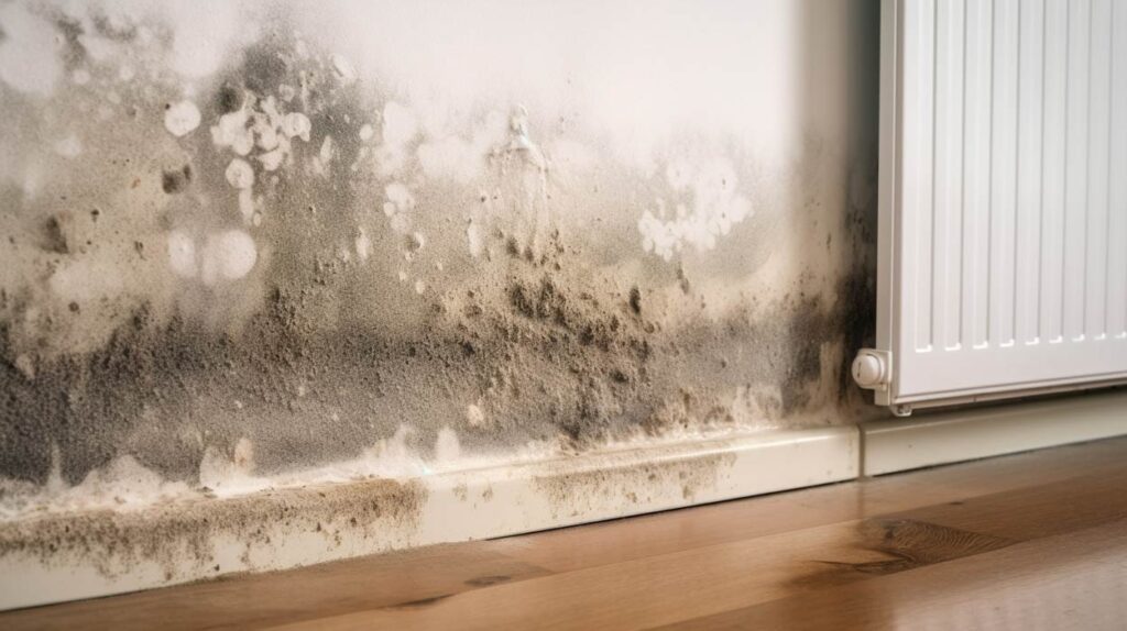 Mold growth above the baseboard on the lower part of a wall