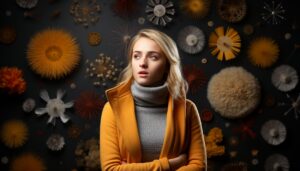 Woman surrounded by airborne allergens and mold spores, illustrating dangers of mold exposure.