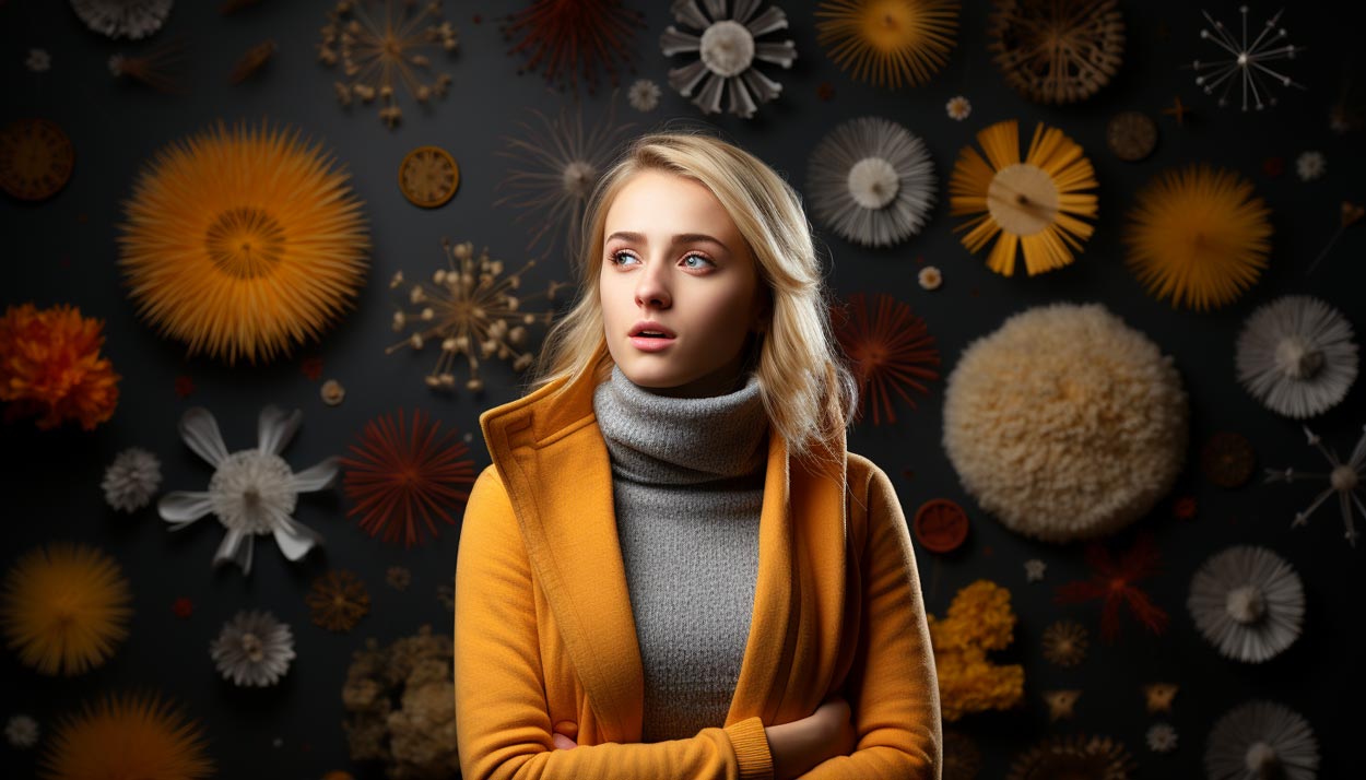 Woman surrounded by airborne allergens and mold spores, illustrating dangers of mold exposure.