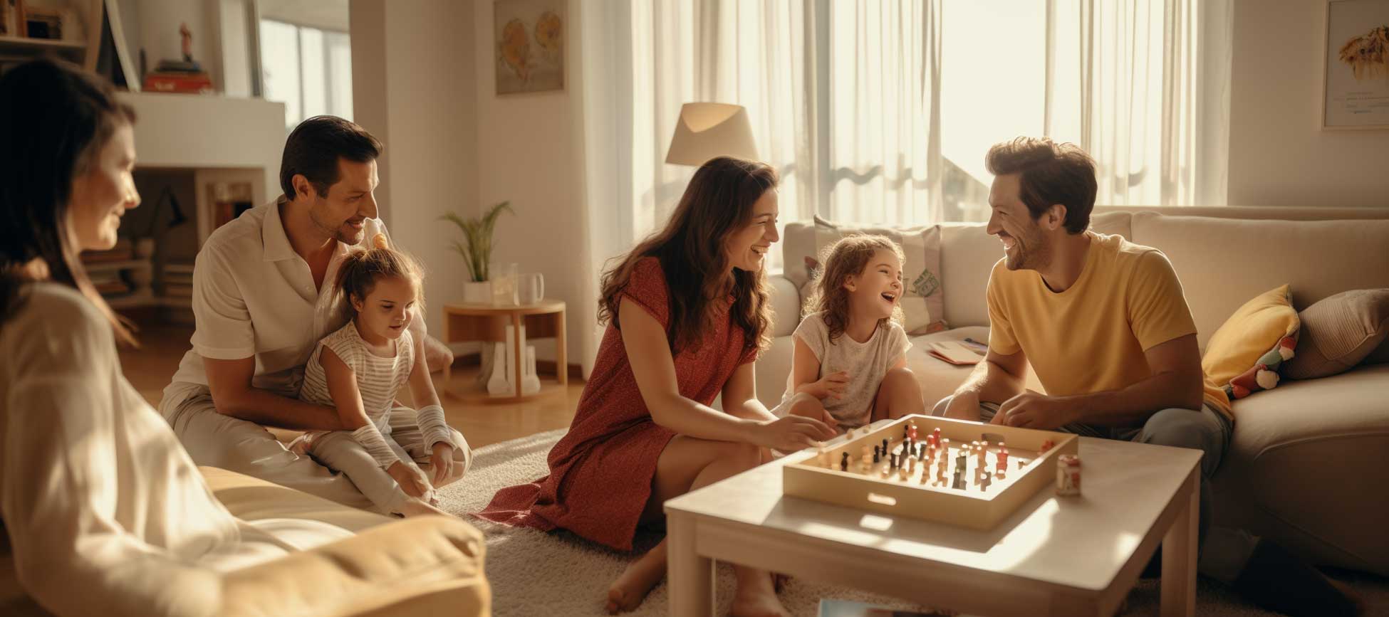 Family playing together in a clean living room.