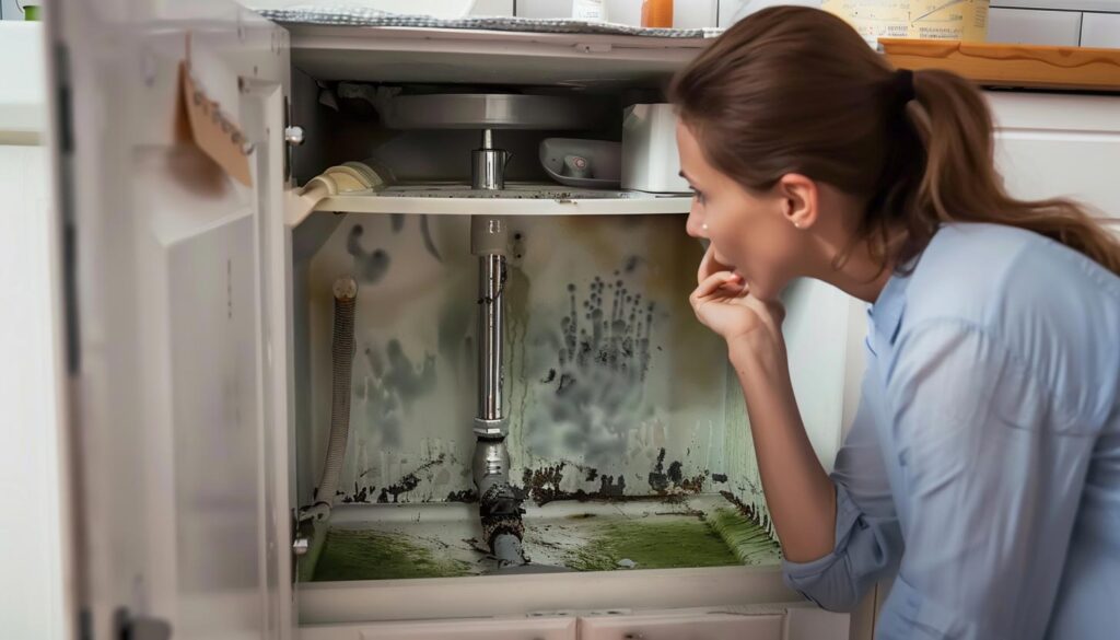 Woman inspecting under kitchen sink for mold in North Druid Hills home