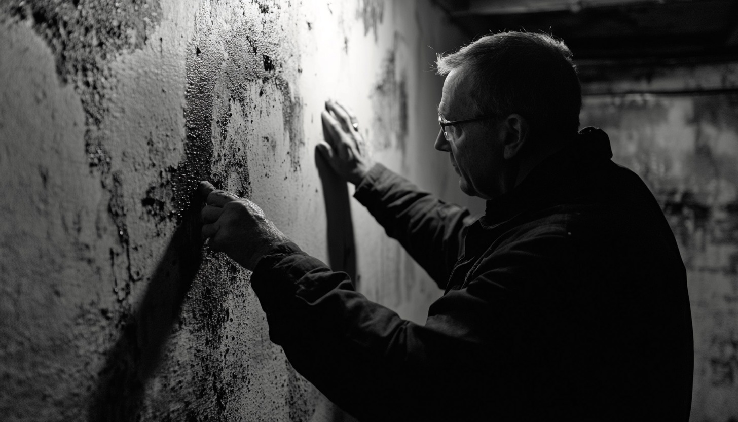 Professional mold inspector using a moisture meter to assess a home in Atlanta, GA, with visible mold growth on the wall.
