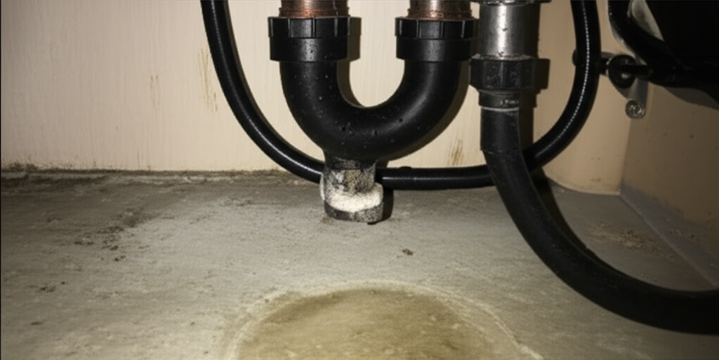 Mold growth on a floor and wall junction.