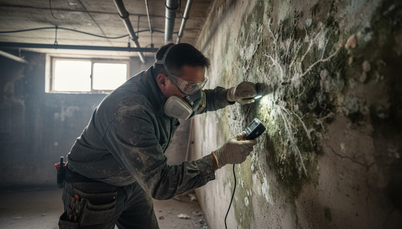 Mold growth on a floor and wall junction.