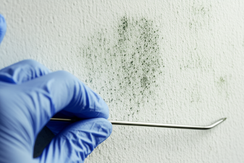 Mold growth on a floor and wall junction.
