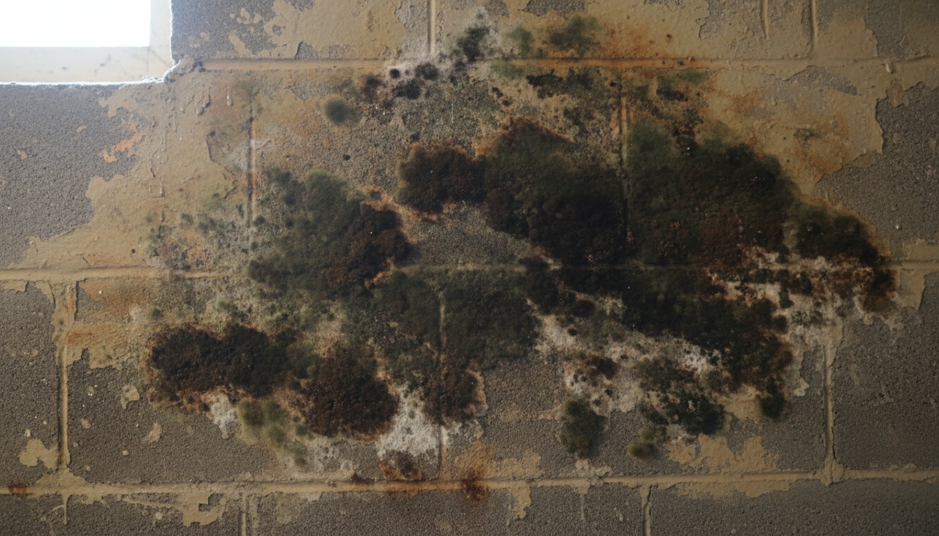 Mold growth on a floor and wall junction.