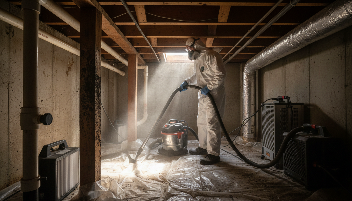 Mold growth on a floor and wall junction.